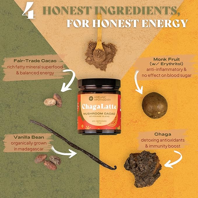 ChagaLatte - Cacao & Mushroom Beverage Blend | Iced Superfood Chaga Supplement & Hot Cocoa | Energy