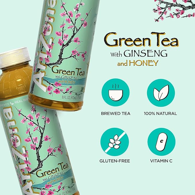 Arizona Green Tea with Ginseng and Honey - 16 Fl Oz (Pack of 12)