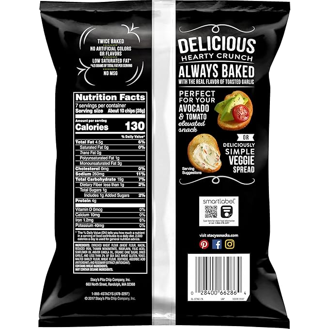 Stacy's Bagel Chips, Toasted Garlic Baked Chips, 7 Oz Snack Bag