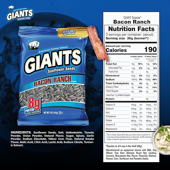 GIANTS Bacon Ranch Sunflower Seeds - Sunflower Seeds Bulk, Flavored Sunflower Seed Snack, Roasted