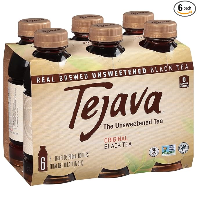 Tejava Original Unsweetened Black Iced Tea, 6 Pack, 16.9oz PET Bottles, Non-GMO, Kosher, No Sugar