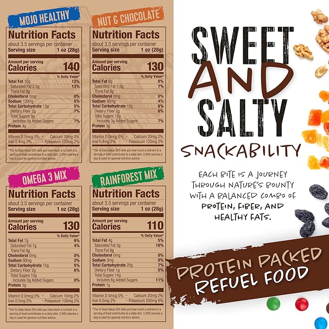 Trail Mix Snack Packs Variety - 4 Bags - Dried Fruit Mix & Nuts Mix with Chocolate Chips, Peanuts