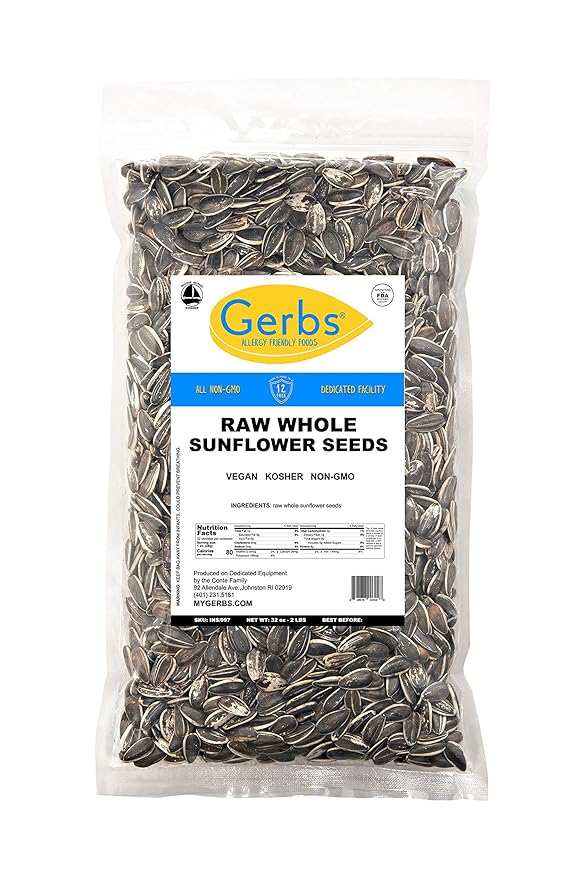 Gerbs Raw Whole Sunflower Seeds 2 lbs. | In-Shell, No Additives, Resealable Bag | Crack-and-Eat