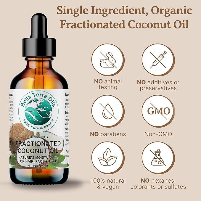 Bella Terra Oils - Liquid Organic Fractionated Coconut Oil 16oz - The Ideal Mix of MCTs & Fatty