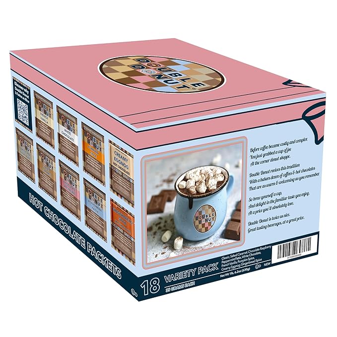 Double Donut Coffee Flavored Hot Chocolate Packets Variety Pack,18 Count Includes Classic