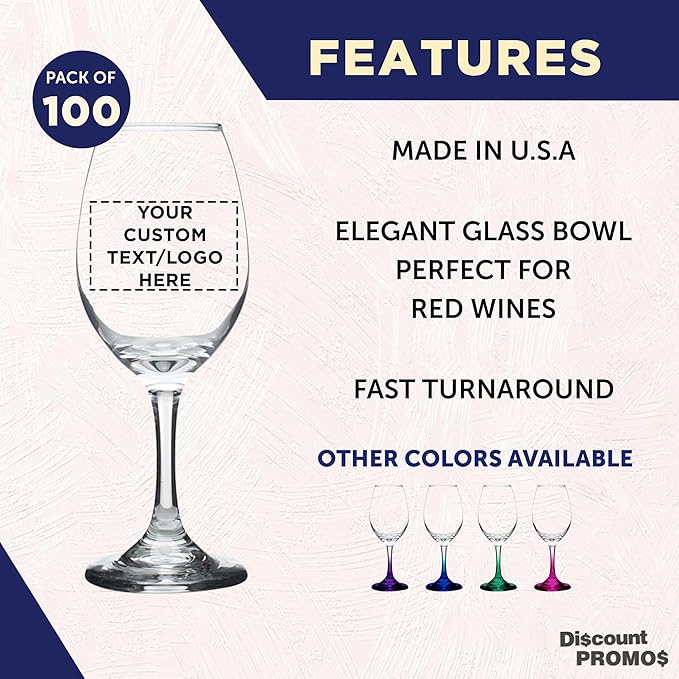 Custom Rioja Wine Glasses with Stem 10 oz. Set of 100, Personalized Bulk Pack - Color Bottom
