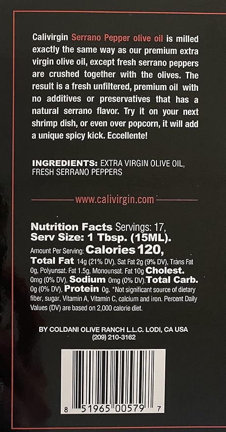 Calivirgin Serrano Pepper Olive Oil - Spicy Infused Extra Virgin Olive Oil - Cold Pressed Olive Oil