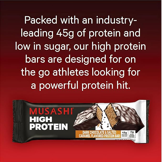MUSASHI High Protein Bar, 45g Protein, <1g Total Sugars, Dark Chocolate & Salted Caramel, Post