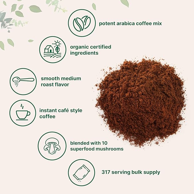 Organic Instant 10 in 1 Mushroom Coffee Powder, 28 Ounce (317 Servings) | Weight & Immune Support |