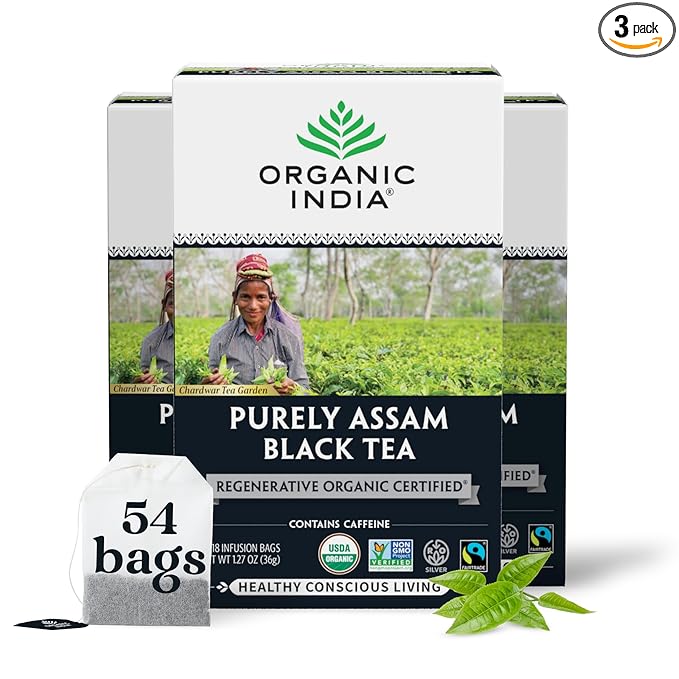 Organic India Purely Assam Black Tea - Caffeinated Herbal Tea Bags with Natural Assam Leaves, Enjoy