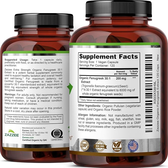 Zazzee USDA Organic Fenugreek 30:1 Extract, 6000 mg Strength, 120 Vegan Capsules, 4 Month Supply