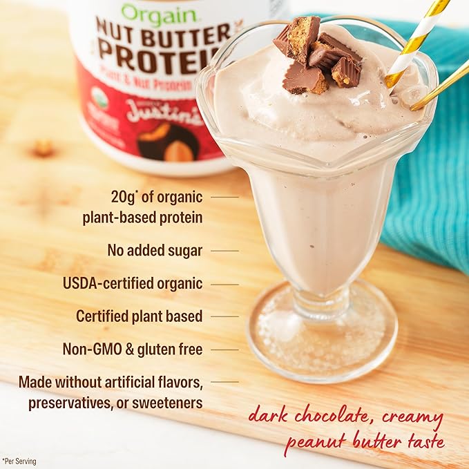 Orgain X Justin's 짰 Organic Vegan Nut Butter Protein Powder, Chocolate Peanut Butter- 20g Plant