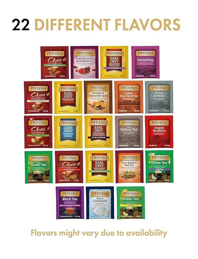 Twinings Tea Bag Sampler Assortment, Variety Pack (22 Count), 22 Unique Flavors for Tea Lovers: