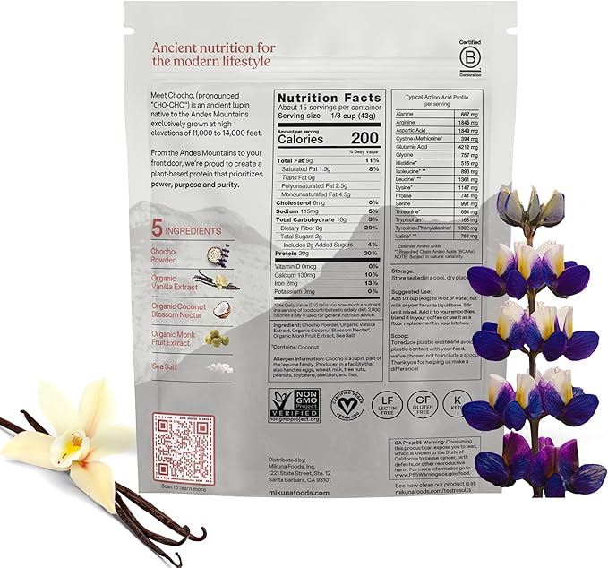 Mikuna Vegan Protein Powder (Vanilla, 15 Servings) - Plant Based Chocho Superfood Protein - Dairy