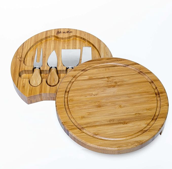 BlauKe Bamboo Cheese Board and Knife Set - 10 inch Round Charcuterie Board, Serving Tray, Platter
