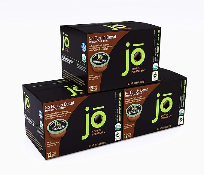 No Fun Jo Decaf: 72 Organic Compostable Pods for Keurig K-Cup Compatible Brewers, Swiss Water