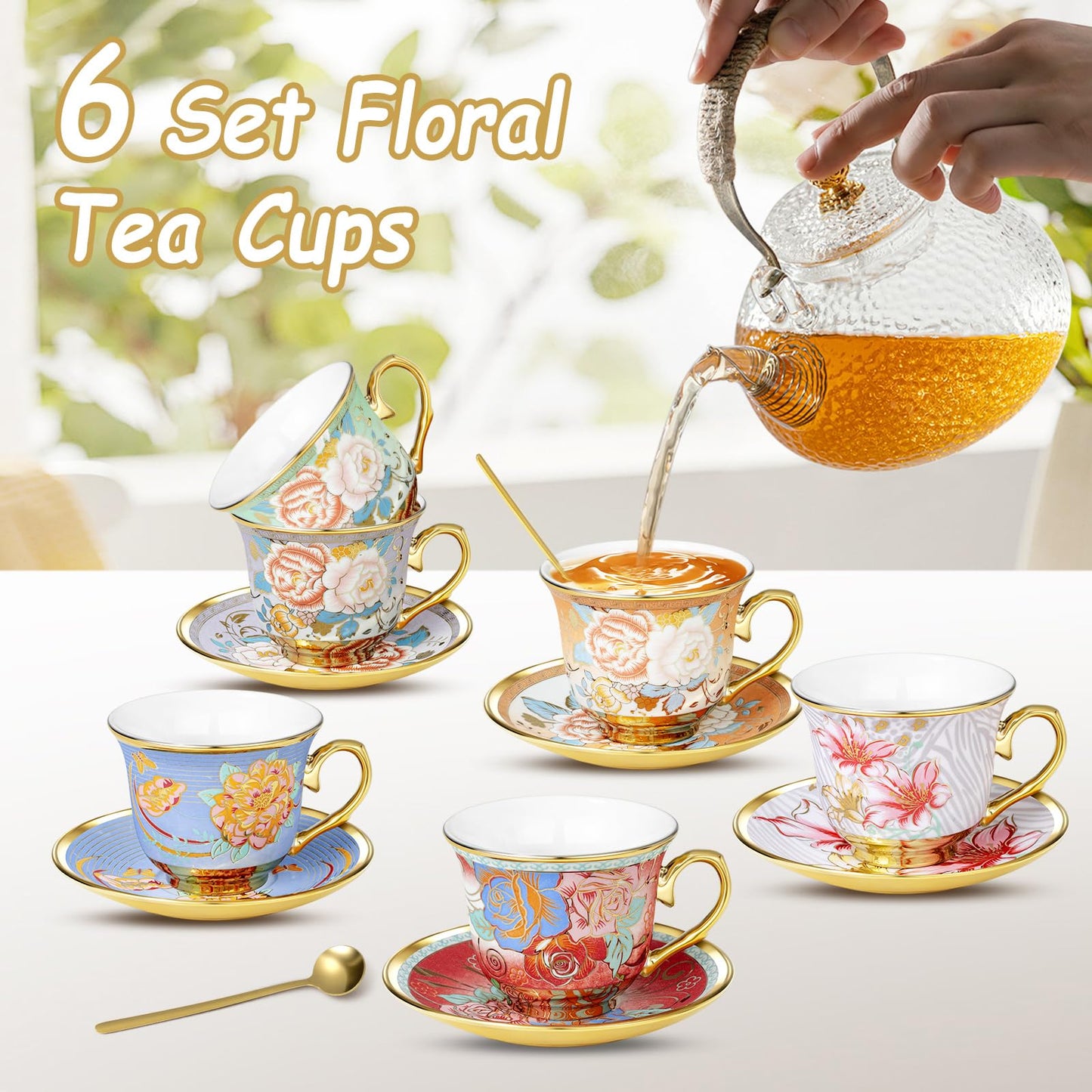 XRBEOU Tea Cups and Saucers, Tea Cup Set of 6, 8 OZ Floral Cups Porcelain Cup Set for Cappuccino