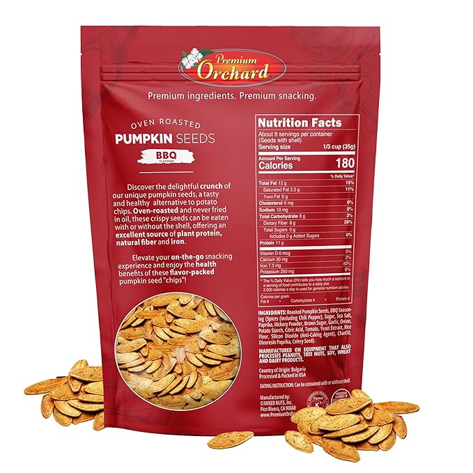 PREMIUM ORCHARD Flavored Pumpkin Seeds Oven Roasted | BBQ | High Protein Snacks for Kids and Adults