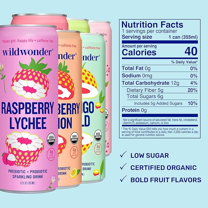 wildwonder Sparkling Probiotic Juice Drink 18pk, w/Gut Health & Immunity Support, 5g Prebiotic