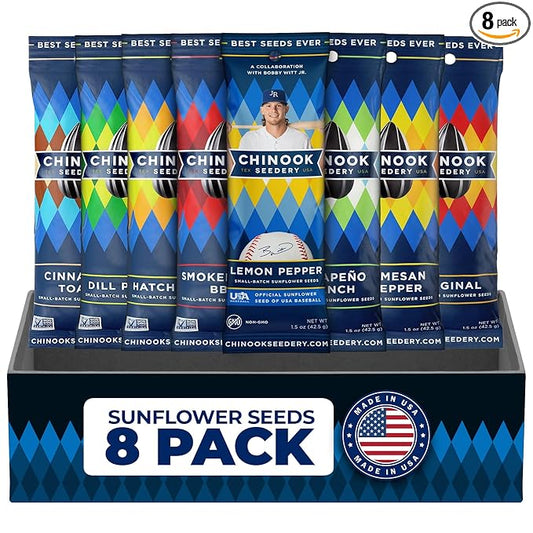 Chinook Seedery Roasted Sunflower Seeds to Eat - 8 Flavor Sampler Pack 1.5 oz (Pack of 8) Jumbo Low