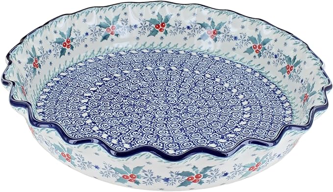 Blue Rose Polish Pottery - Blue December Joy Pie Plate - 10" Diameter - Ceramic Baking Dish, For