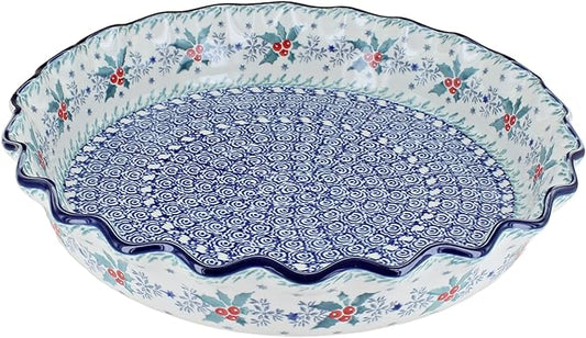 Blue Rose Polish Pottery - Blue December Joy Pie Plate - 10" Diameter - Ceramic Baking Dish, For
