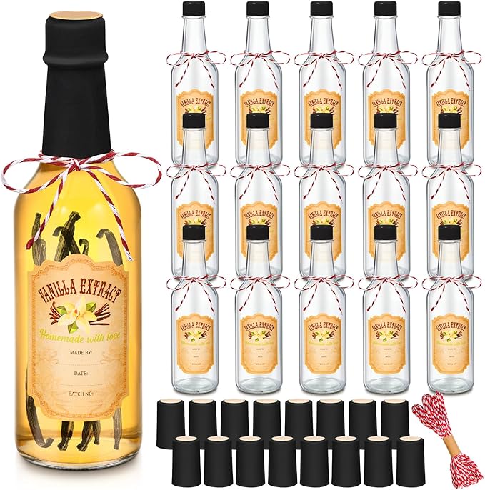 Tioncy 16 Pcs Vanilla Extract Bottles for Homemade Vanilla Jar Glass Bottle with Cap, Shrink Band