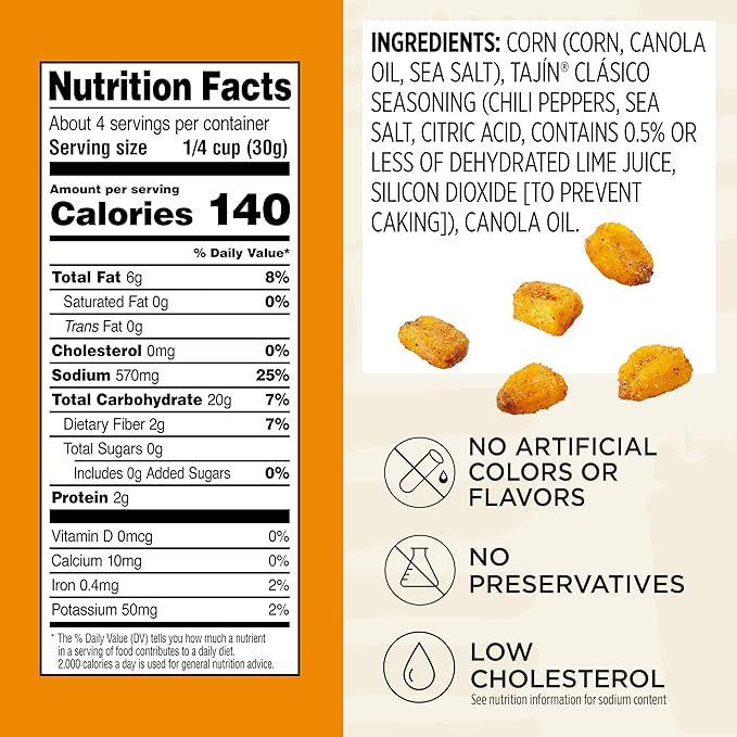 Snak Club Tajin Toasted Corn, Roasted Corn Nuggets with Chili and Lime Seasoning, Mild, Non-GMO