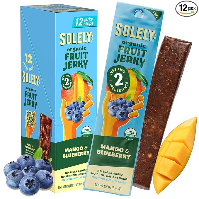 SOLELY - Organic Mango Blueberry Fruit Jerky - 12 Individually Wrapped Strips - Fruit Leather Made