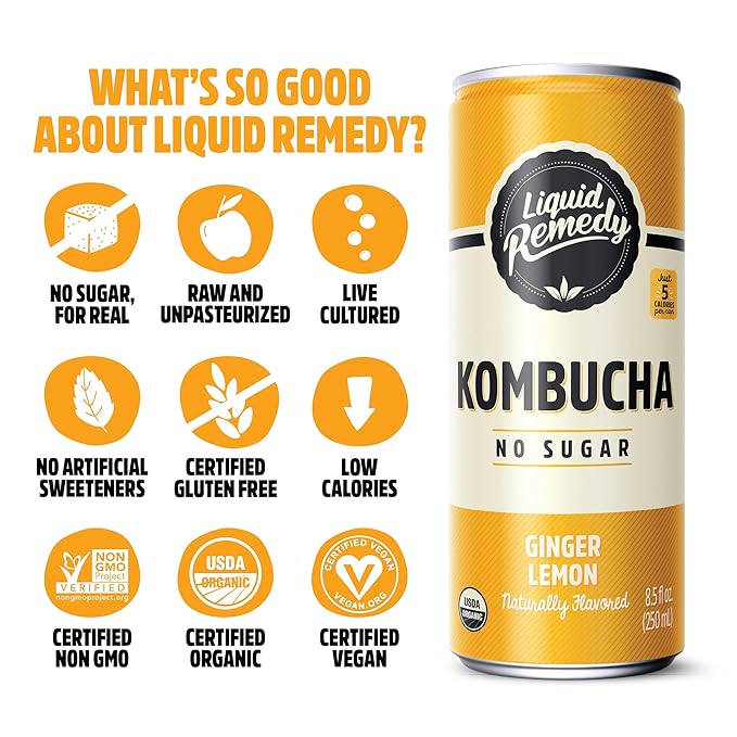 Liquid Remedy Kombucha Sugar Free Organic Drink, Low Calorie, Probiotic Like Tea for Gut Health
