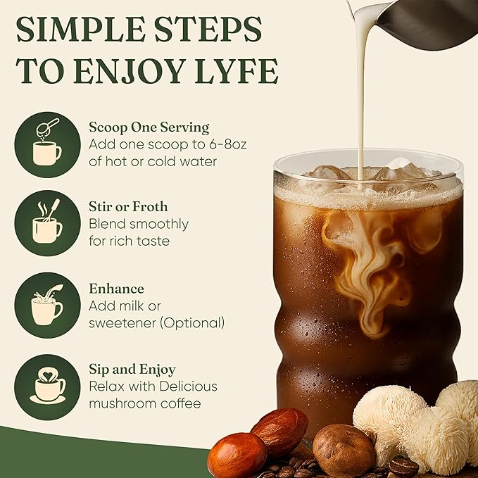 LYFE Organic Instant Mushroom Coffee ??Lion?™s Mane, Chaga, Cordyceps, Turkey Tail | USA Grown