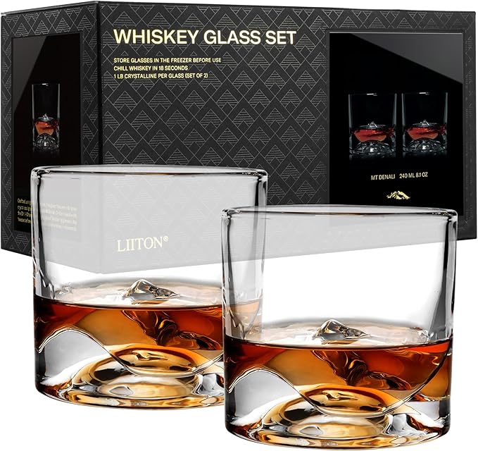 Denali Mountain Heavy Crystal Whiskey Glasses Gift Set of 2, Thick Freezable Bourbon Glass 1lb