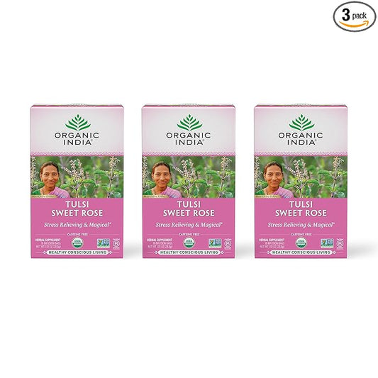 ORGANIC INDIA Tulsi Sweet Rose Herbal Tea - Holy Basil Leaf, African Basil, Chamomile, Lemon