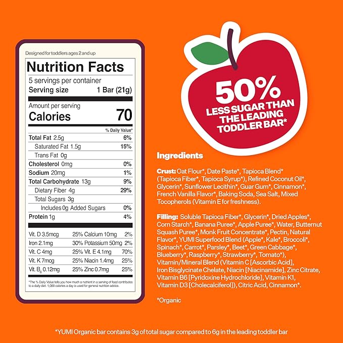 Yumi Organic Toddler Snacks Bars - Gluten-Free, No Added Sugar, 7+ Vegetables, Soft-Baked Crust