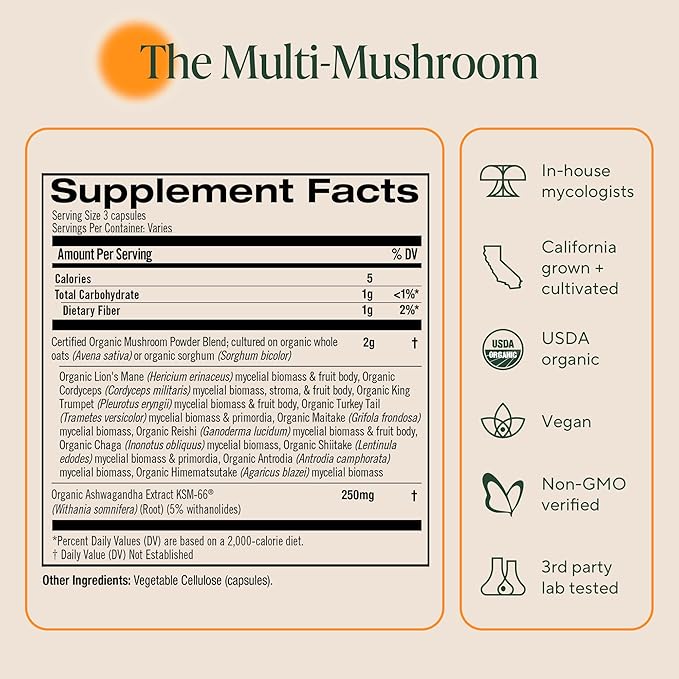 Om Master Blend Mushroom Capsules - Organic Mushroom Supplement with 10 Mushrooms and Ashwagandha