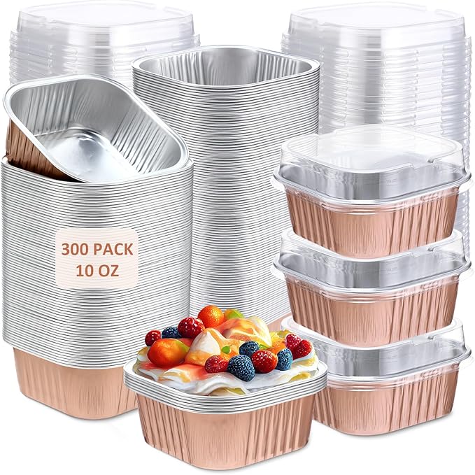Aoriher 300 Pieces 10 oz Mini Cake Pans with Lids, Aluminum Foil Baking Cups, Square Disposable