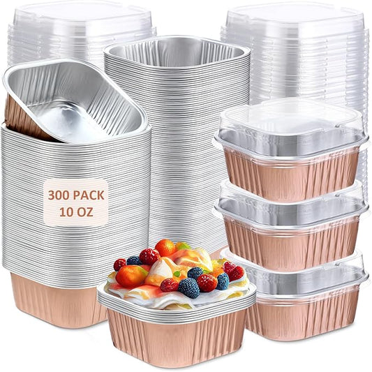 Aoriher 300 Pieces 10 oz Mini Cake Pans with Lids, Aluminum Foil Baking Cups, Square Disposable