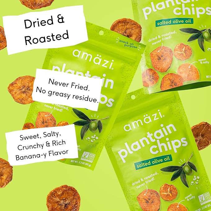 Am채zi Foods | Dried & Roasted Salted Olive Oil Plantain Chips (6 Pack) | All Natural Mini Travel