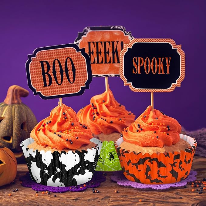 Whaline 600Pcs Halloween Cupcake Liners Pumpkin Witch Legs Bats Ghosts Spider Skulls Cupcake