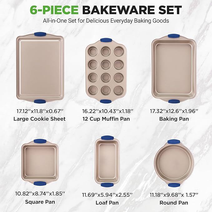 NutriChef 6-Piece Nonstick Bakeware Set - Premium Carbon Steel Baking Trays w/Heat-Safe Silicone