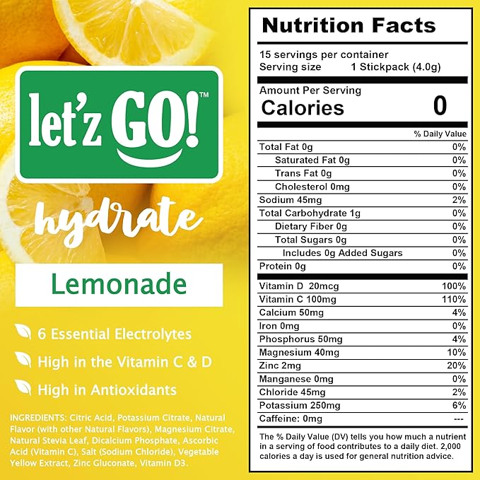 Let'z Go! Hydrate- Natural Hydration + Electrolyte Drink Mix- Hydration + Electrolytes +