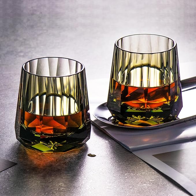 KAMMAK Crystal Whiskey Glasses Set of 2, Handcrafted 6.76oz Old Fashioned Glasses Stemless, Luxury