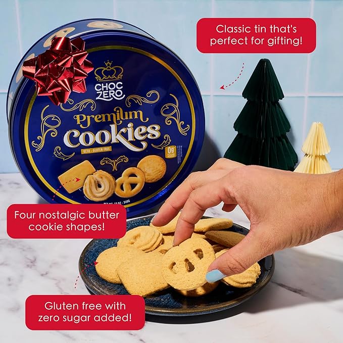 ChocZero Keto Butter Cookies - Sugar Free Danish Shortbread Gift - Gluten Free, Low Carb (1 tin, 12