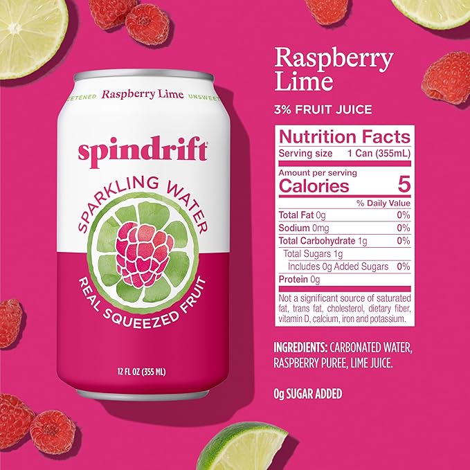 Spindrift Sparkling Water, Raspberry Lime Flavored, Made with Real Squeezed Fruit, Only 9 Calories