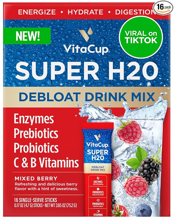 VitaCup Super H2O Bloating Relief and Digestive Health Drink Mix Packets, Probiotics, Prebiotics, C