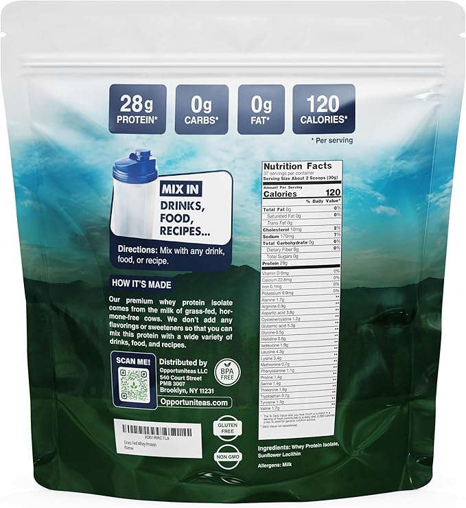 Opportuniteas Grass Fed Whey Isolate Protein Powder - Unflavored 28g Protein Powder Without