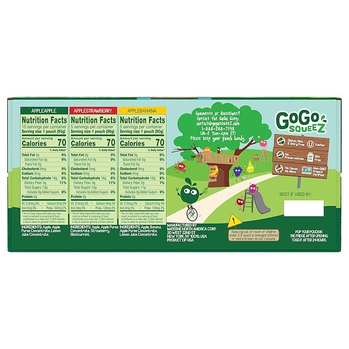 GoGo squeeZ Applesauce, Variety Pack (Apple/Banana/Strawberry), 3.2 Ounce (20 Pouches), Gluten