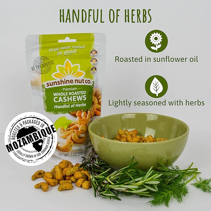 Sunshine Nut Company Whole Roasted Lightly Salted Cashews, Handful of Herbs Flavor, 6 Pack, 7 oz.