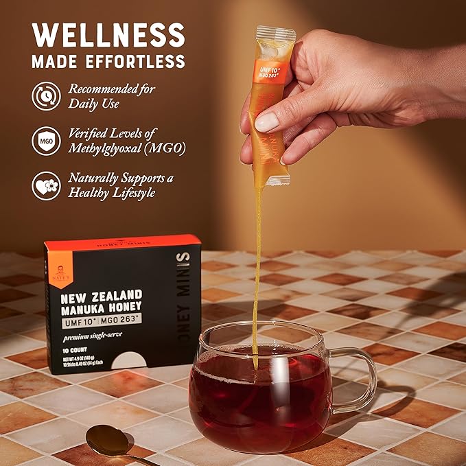 Nate's Manuka Honey Minis - 10 count Single-serve, Pure Manuka Honey - MGO 263+ | UMF Certified 10+