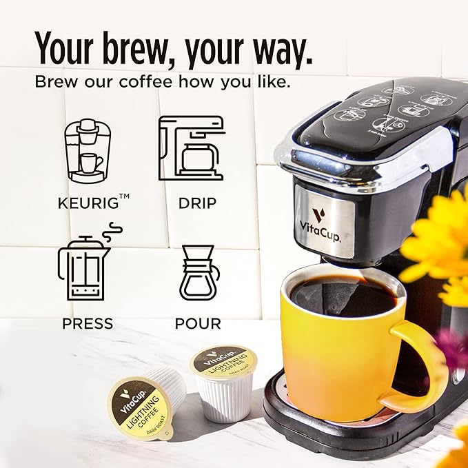 VitaCup Lightning Coffee Pods, for Focus w/ 2X Caffeine, Green Coffee Bean, B Vit, D3, Strong Dark